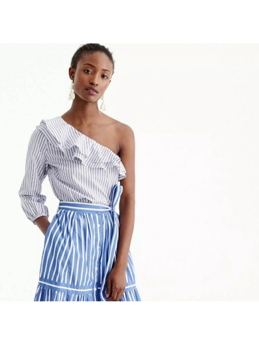 J. Crew Blue and White Striped Off-Shoulder Ruffle Blouse
